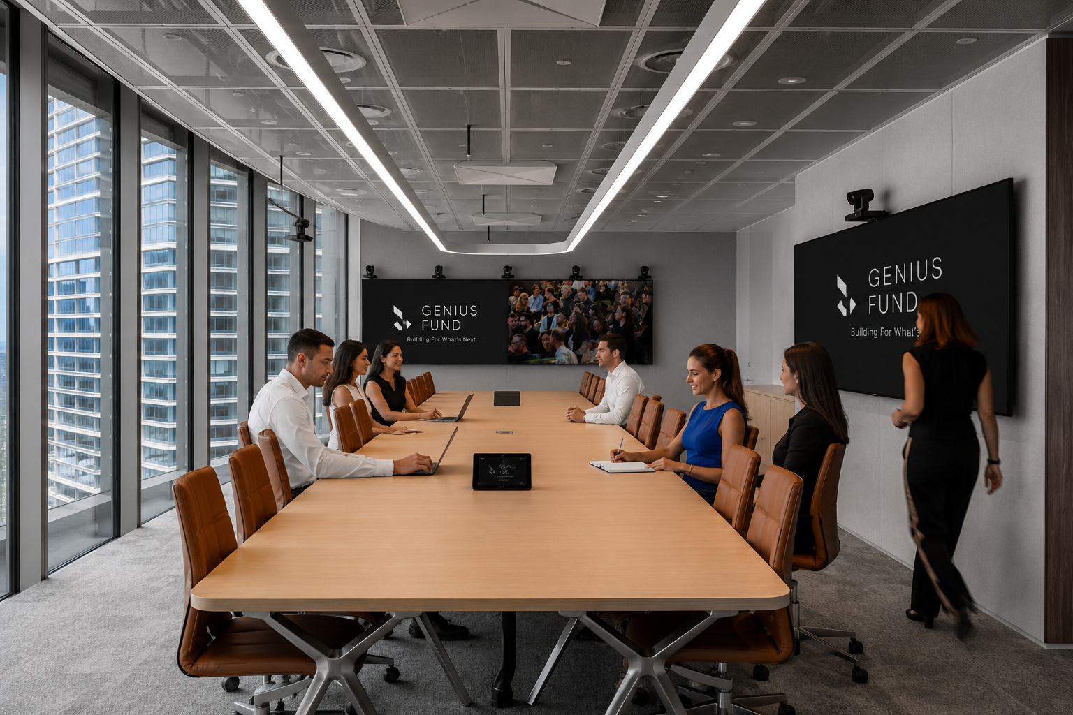 The Genius Fund team in a boardroom high above the city, the Genius Fund mark on screen