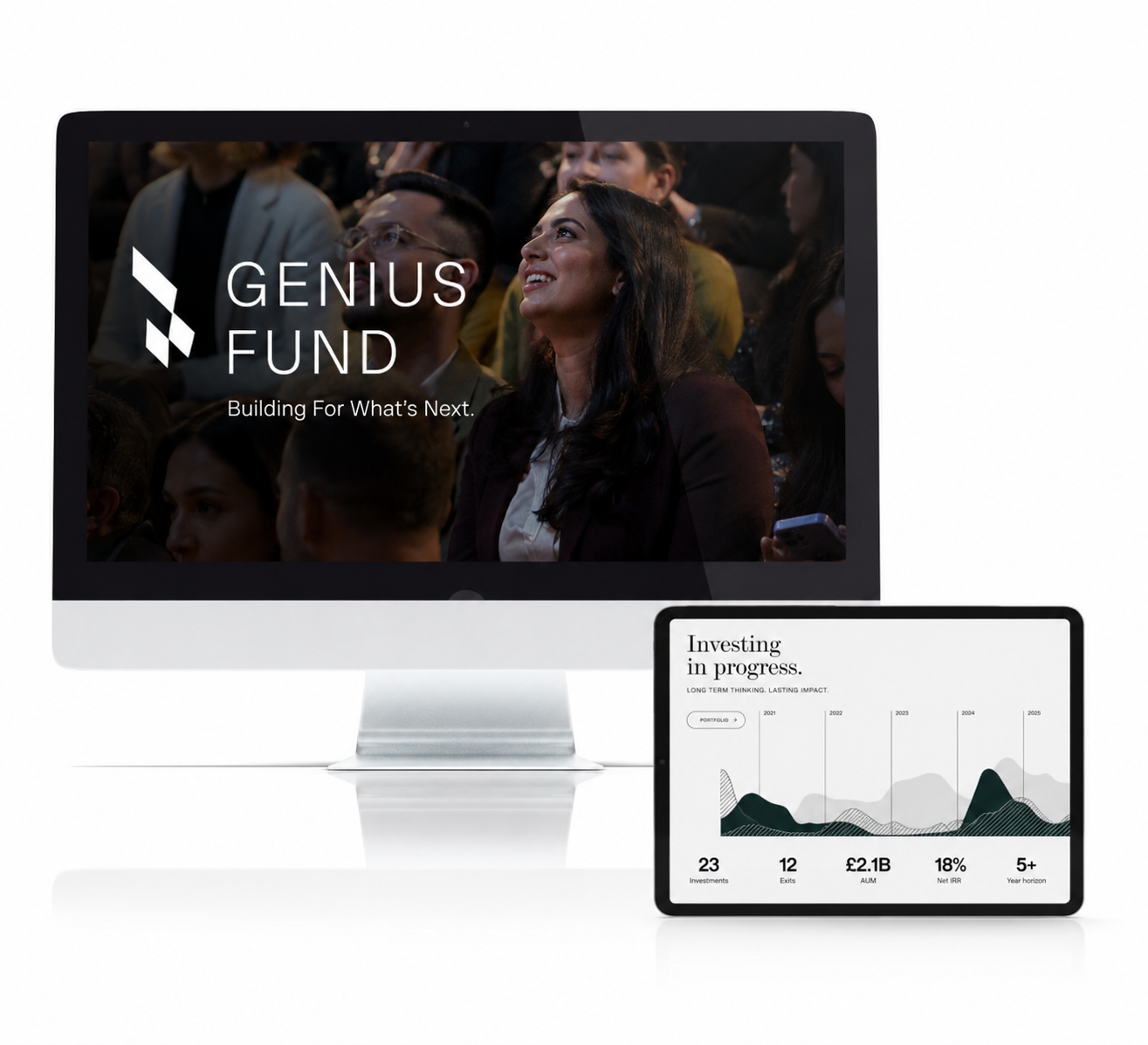 The Genius Fund brand across desktop and tablet — a brand statement and a live investment dashboard