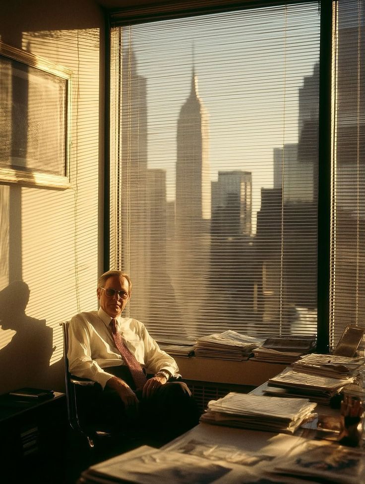 A senior executive in a golden-lit office overlooking a city skyline through venetian blinds